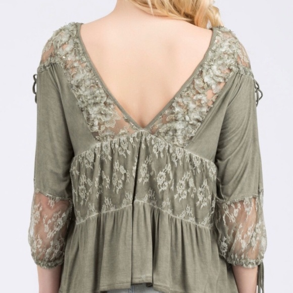 Pol Dried Herb Green Meadow Lace Trim Knit Top. - Picture 2 of 10